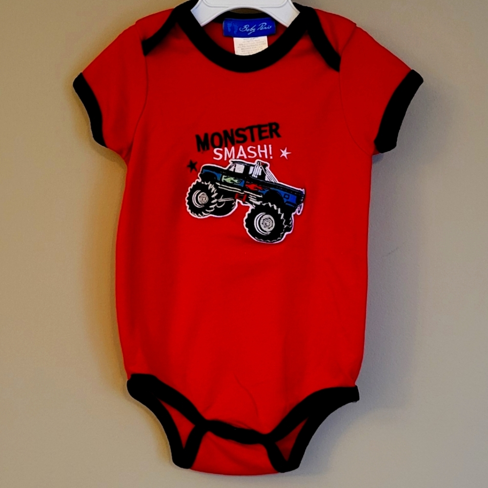 Red Monster Truck embroidered short sleeved onesie/bodysuit